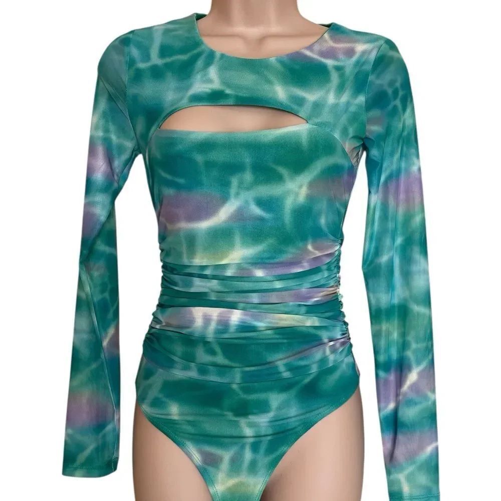 New without tags Bar lll XS sheer sleeves Chic Teal purple Top bodysuit